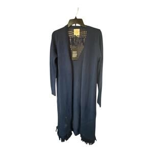 Chaser Womens M Open Front Duster Cardigan Tassle Fringe Blue Cozy Lagenlook New
